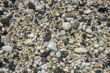 White, grey and black smooth river pebbles stones background, simplicity still life in daylight under the water