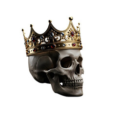 Human skull wearing golden crown with rubies on transparent background. Png clipart of death, royalty, power, and the transient nature of life. Gothic dark and halloween and Día de Muertos art style.