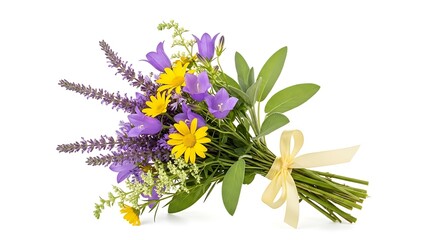 A beautiful wildflower bouquet with purple lavender and yellow daisies tied with a pale yellow ribbon