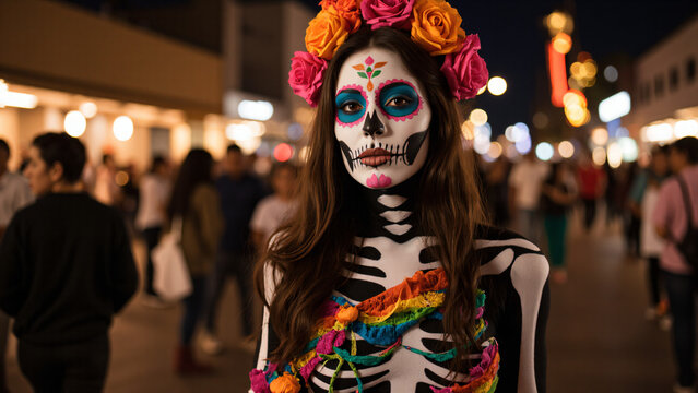 Frau mit traditionellem Calavera-Make-up beim D&iacute;a de los Muertos Fest