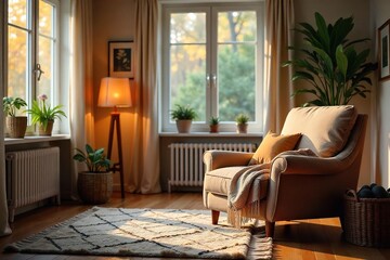 Relaxing Evening in a Cozy Living Room Plush Armchair, Soft Lighting, and Warm Throw Blanket Perfect for Unwinding After a Long Day