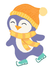 Cute blue penguin ice skating, hand drawn crayon texture illustration, isolated on transparent background