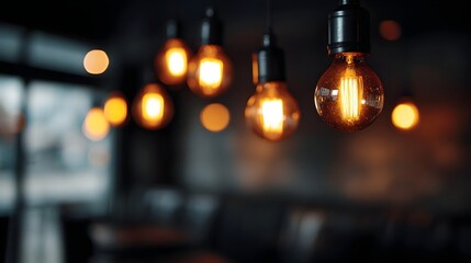 Close up of warm vintage style light bulbs hanging in a dimly lit interior
