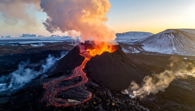 Aerial view of an active volcano erupting, with molten lava flowing across the landscape, amid snow and a sunset - Powered by Adobe