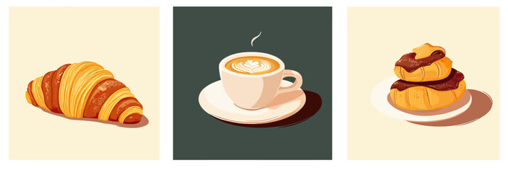 Minimalist vector illustration set of croissant bakery pastry, cup of cappuccino coffee with latte art, and stacked croissants with chocolate topping on plates