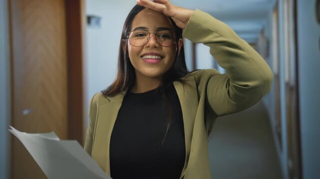 Woman in a hotel hallway holds a paper looking focused wearing glasses and a blazer, conveying curiosity and exploration indoors.