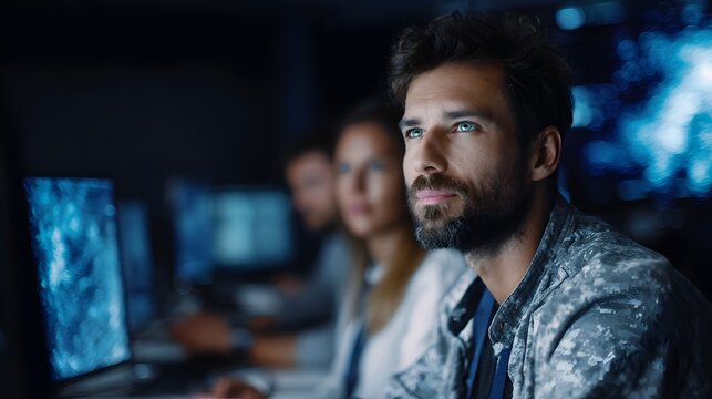 Professionals intently observing data streams on multiple computer screens in a dimly lit high tech control room