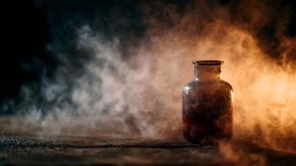 A mysterious glass bottle filled with dark liquid emits swirling smoke under dramatic contrasting light