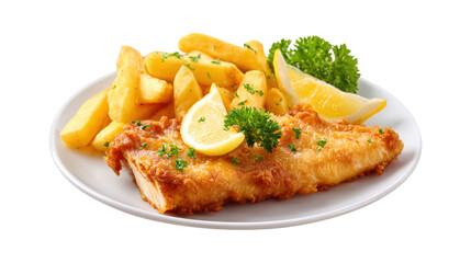 Battered fish and chips with lemon isolated on a transparent background