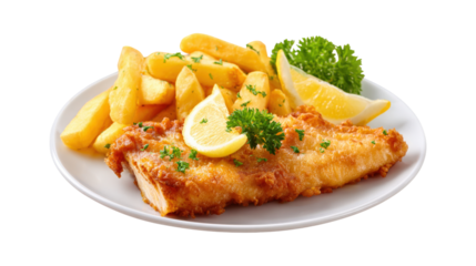 Battered fish and chips with lemon isolated on a transparent background