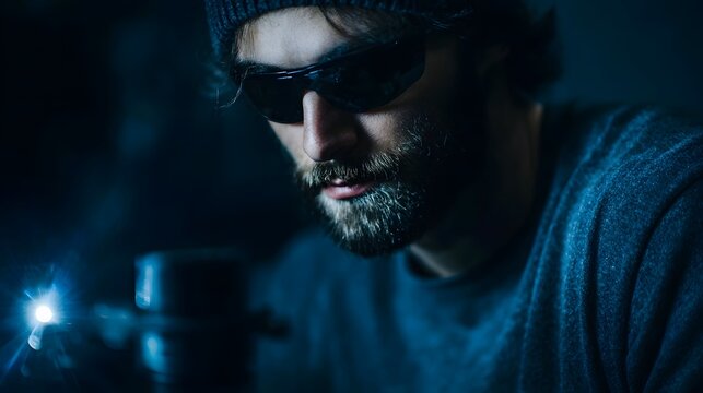 A man in sunglasses and a beanie intently works with advanced optical equipment in a dark low light laboratory environment