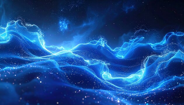 An ethereal blue landscape depicts flowing, luminous waves, with scattered particles and glowing nebulae in a dark, celestial expanse