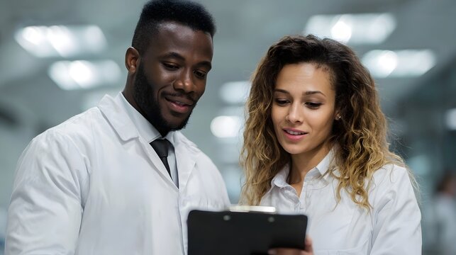 A male researcher in a lab coat and a female colleague review a document on a clipboard collaborating in a modern setting