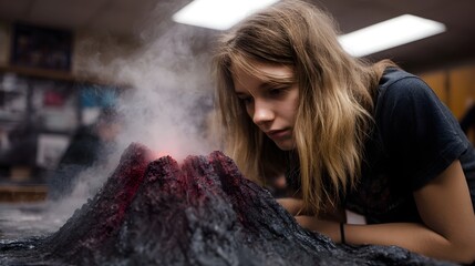 A young student intently observes a smoking model volcano with glowing red lava during a science experiment