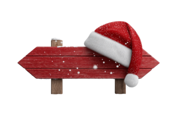 Red Christmas Arrow Sign with Santa Hat isolated on a transparent background