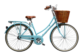 Light blue bicycle with wicker basket isolated on a transparent background