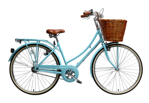 Light blue bicycle with wicker basket isolated on a transparent background