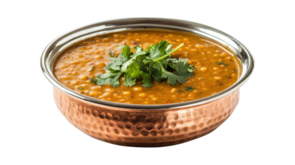 Copper bowl of lentil dal with cilantro isolated on a transparent background