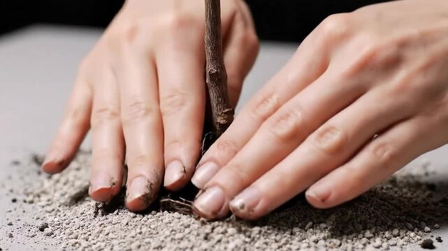 Close-up of human hands gently tending to a small plant with exposed roots, carefully settling it