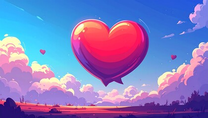 An animated sky scene with a giant heart-shaped balloon floating. Two smaller hearts and fluffy clouds are spread. A vibrant background with colorful hues