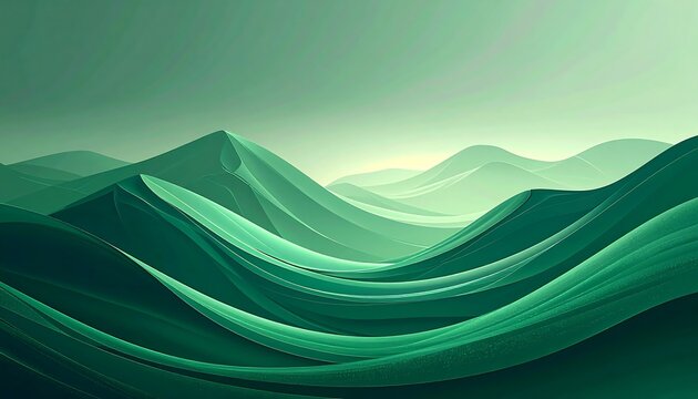 Abstract landscape of undulating, layered peaks in shades of green. Forms create a flowing, rhythmic pattern suggestive of water. Peaceful, serene view