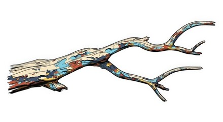 Obraz premium Colorful Painted Branch Illustration Art Concept: Decorative Limb Element on White, Abstract Wood Design, Artistic Tree Part, Striking Detailed Drawing Style