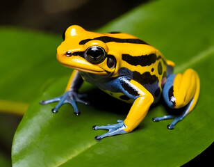 Fototapeta premium green tree frog, Yellow-banded poison dart frog sitting on a leaf. reptiles concept background. wildlife animals
