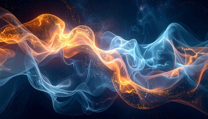 An abstract digital artwork features swirling, ethereal streams of orange and blue light against a deep, dark background, creating a dynamic, cosmic scene
