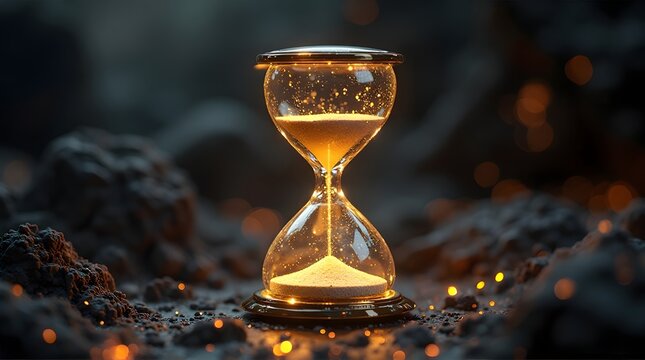 Futuristic glowing hourglass with golden digital sand