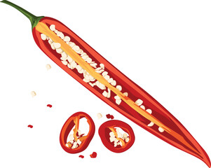 Illustration of a halved red chili pepper with seeds, accompanied by two sliced rings of the same pepper.