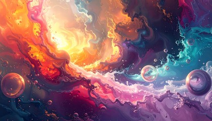 An abstract swirling design with vivid color contrasts, bubbles floating. A heavenly, dynamic, cloud-like composition with vibrant hues