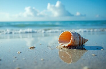 Obraz premium Seashell resting on sandy beach with gentle waves and blue sky in background