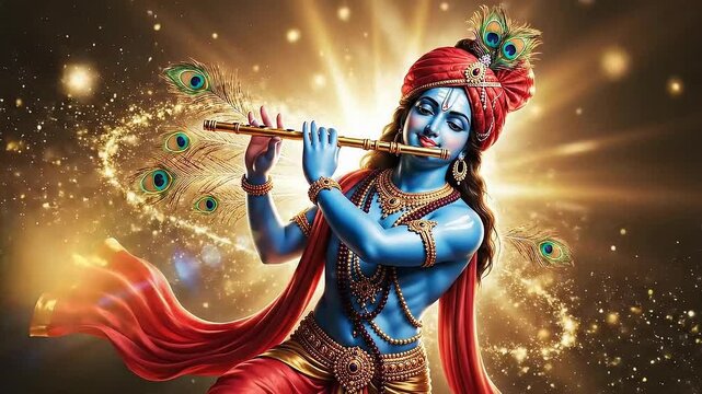Divine Lord Krishna with Blue Skin Playing Sacred Flute Adorned with Peacock Feather Crown
