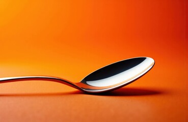 A shiny stainless steel spoon resting on an orange background with a gradient effect
