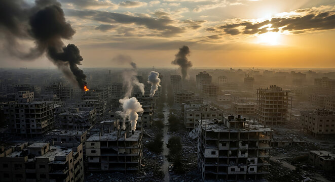 War-torn city skyline featuring smoke and destruction