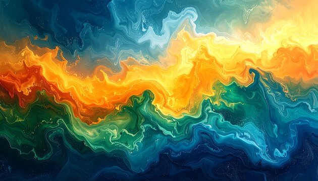 An abstract fluid art piece with flowing layers of vibrant colors. Warm hues blend to create a luminous, ethereal effect. Rich tones - Powered by Adobe