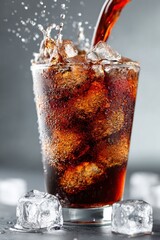 Refreshing cold drink with ice cubes splashing in a glass during summer