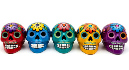 Row of vibrant Day of the Dead sugar skulls