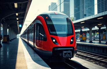Fototapeta premium Modern red and black train arriving at an urban metro station with high-rise buildings in the background