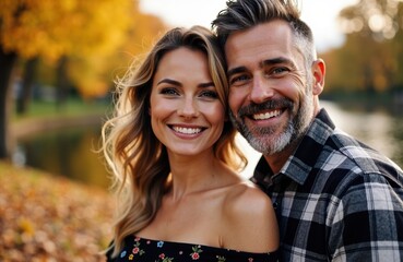 Fototapeta premium A smiling couple enjoying a sunny autumn day outdoors with colorful fall foliage in the background