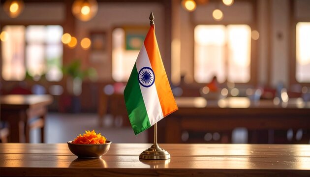 Small Indian national flag on a metallic stand beside orange marigold flowers, symbolizing patriotism, tradition, and festive celebration indoors with warm lighting.
