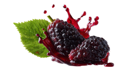 Two Blackberries Splashing Red Juice isolated on a transparent background