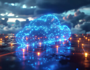 Digital cloud computing network over city lights at night