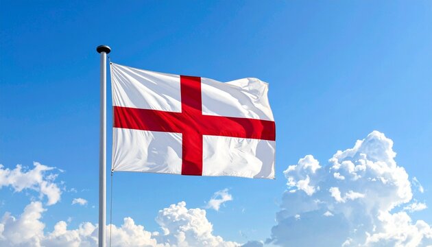England's national flag—the red Cross of Saint George—flying boldly against a blue sky with scattered clouds