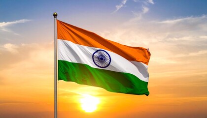 Indian flag waving at sunrise, glowing in warm hues of orange and blue sky