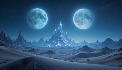 Twin-moon frozen wasteland with icy mountain silhouettes