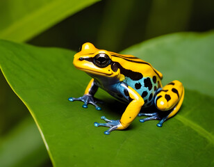 green tree frog, Yellow-banded poison dart frog sitting on a leaf. reptiles concept background. wildlife animals