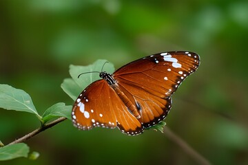 Fototapeta premium A reddish-brown butterfly in a blurred garden.