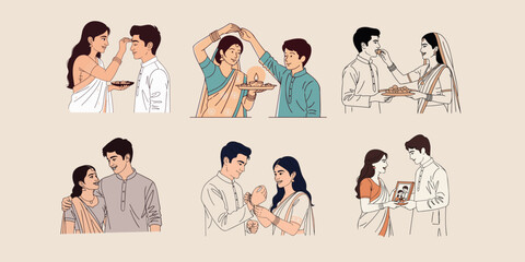 Large collection of Bhai Dooj vector illustrations showing a sister performing Aarti and applying Tilak (Tika) to her brother, along with moments of gifting and affection.