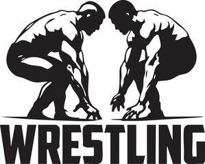Fototapeta premium Two wrestlers in crouched stance with bold WRESTLING text, black and white vector for sport, strength, and competition